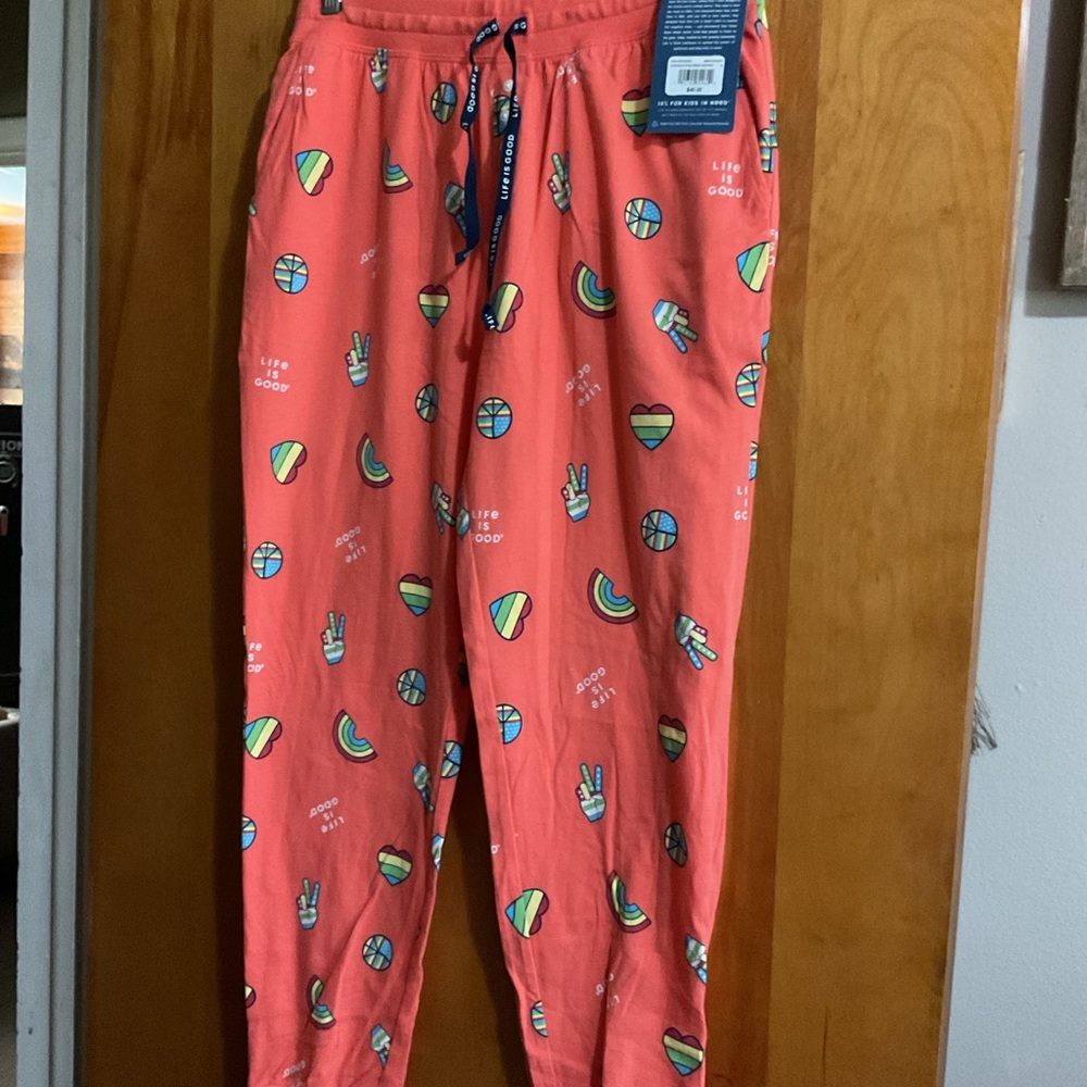 Life is good Coral Pajama Joggers with Rainbow Peace & Heart Print